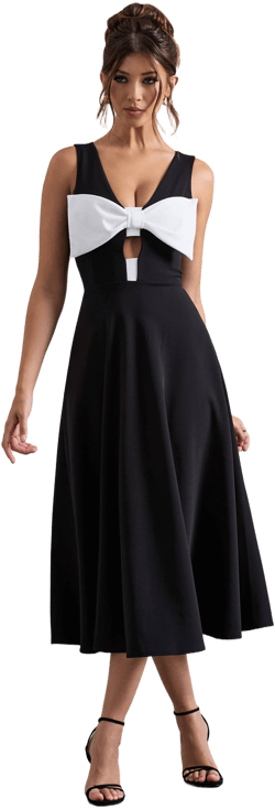MONOCHROME Plunge-Neck Midi Dress with Black Bow