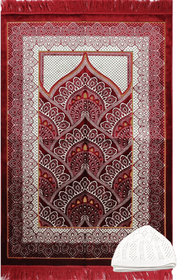 Modefa Islamic Prayer Rug Large Wide Velvet - Muslim Janamaz Sajada - Thick Turkish Prayer Mat Carpet for Men Women- with Kufi Cap - Plush Paisley (Red)