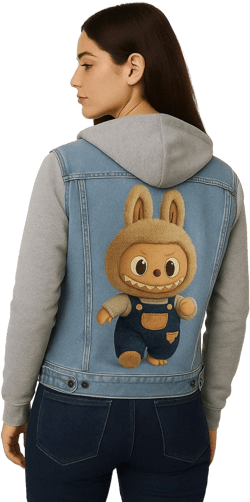 unisex Blue Denim Jacket with Labubu Embroidered Patch and Gray Hoodie Sleeves