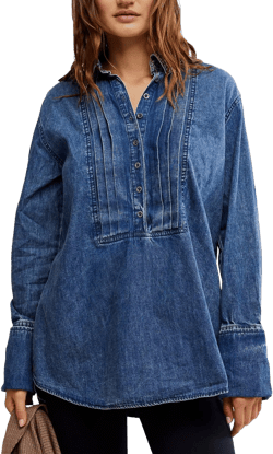 Women We The Free Pintuck Denim Tunic Top