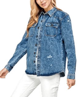 VKWEAR Women's Oversized Distressed Denim Button Down Shirt