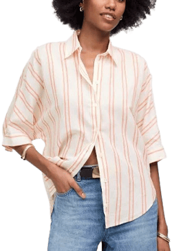 Madewell Women's Oversized Pleated-Sleeve Stripe Button-Up Shirt