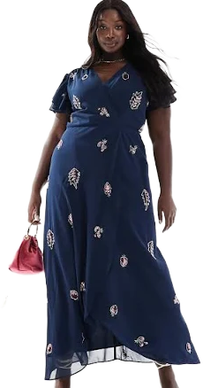 Hope & Ivy Plus embellished Frill Sleeve Maxi Wrap Dress