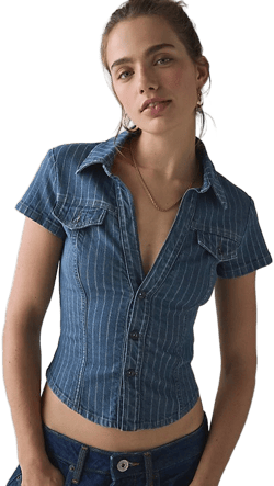 BDG Polly Denim Slim Short Sleeve Button-Up Shirt