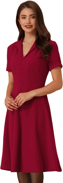 Women's Allegra K Vintage Flat Collar Solid Color Short Sleeve Fit and Flare Midi Dress
