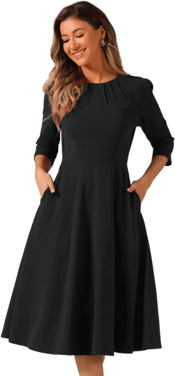 Allegra K 3/4 Sleeve Pleated Round Neck Pocketed A-Line Swing Midi Dress