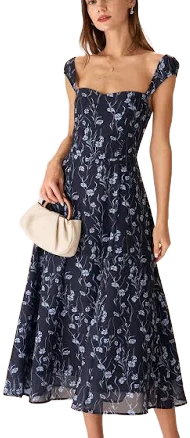 Rihoas Romantic Floral Sweetheart Neck Midi Dress with Cap Sleeves