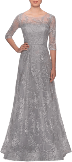 La Femme Women's A-Line Lace Sequin Gown with Sheer Scoop Neckline