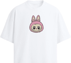 Labubu Face Embroidered T-Shirt Oversized Unisex Tee Anime Streetwear Cotton Shirt