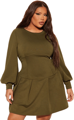 Fashion Nova Corset Waist Long Sleeve Scuba High Neck Kiana Mini Dress in Olive