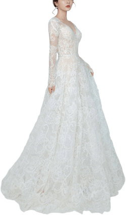 Chic Sheer Long Sleeve Floral Lace Wedding Dress with Open Back