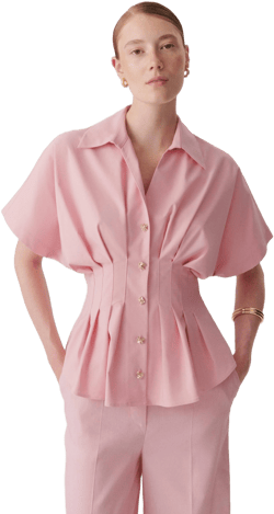 Pleated Waist Button-Up Blouse