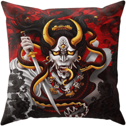 Hannya Throw Pillow, Decorative Accent Pillow, Square Cushion Cover, Japanese Demon & Snake, Gamer Room Decor - Original