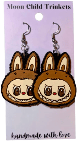 Earrings (Hand Painted Wood) - Labubu Monster Brown