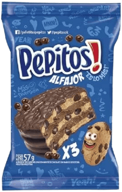 Pepitos Alfajor triple made with chocolate chip cookies and filled with chocolate mousse and covered with chocolate 6 pack x 57gr