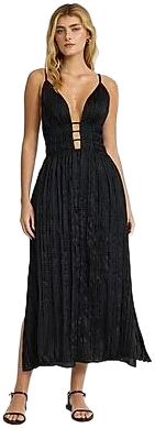 Women's Crinkle Satin V-Neck Sleeveless Strappy Midi Dress