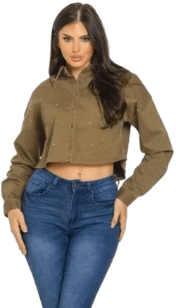 Women's Saronite Bling Denim Collared Neck Button Down Long Sleeve Cotton Top Shirt