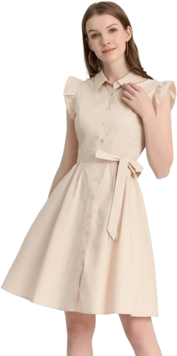 Inspire Chic Women's Cotton Shirt Dress Ruffled Cap Sleeve Point Collar Tie Waist Button Dress