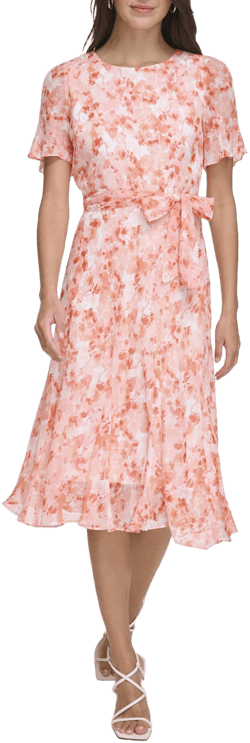 DKNY Women's Floral-Print Short-Sleeve Tie-Waist Midi Dress