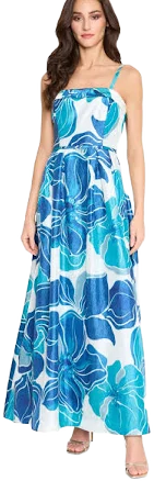 Tahari Floral Crinkled Satin Gown