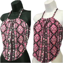Aztec Fushia tones, Black,White Apron Halter Top - Lycra, Poly. Swimming, sunbathing, any outdoor venue. Click Photos for material options.