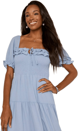 Miriam Smocked Upper Ruffle Trim Midi Dress
