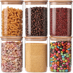 YUNCANG Glass Storage Jars 6 Pack 37oz Clear Glass Food Storage Containers with Airtight Bamboo Lid Stackable Kitchen Canisters for Candy,Cookie,Rice,Sugar,Flour,Pasta,Nuts and Spice Jars(Square)