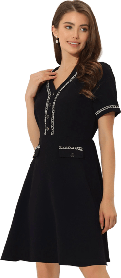 Allegra K Women's V Neck Half Placket Short Sleeve Textured A-Line