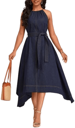 Rosewe Sleeveless Round Neck Bowknot Belted Denim Dress