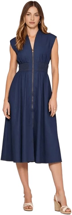 Modenaire Women's Sleeveless Zip Front Smocked Waist Denim Midi Dress