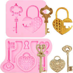 Vintage Key Fondant Molds 2 Pcs, Lock Keyhole Silicone Chocolate Mold Baroque Clay Molds for Cake Decoration Candy Cupcake Topper Cake Polymer Clay Crafts Epoxy Resin