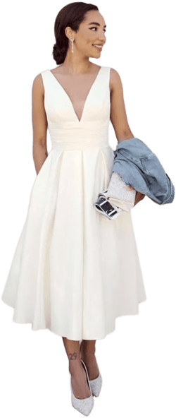 DB Studio Satin V-Neck Tea Length A-Line Dress