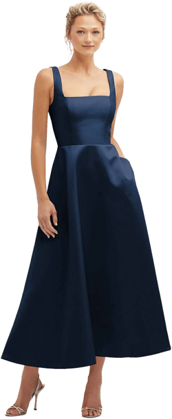 Dessy Collection Women's Square Neck Satin Midi Dress