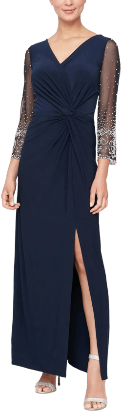 Alex Evenings Women's Long Surplice Neckline Beaded Gown with Embellished Illusion