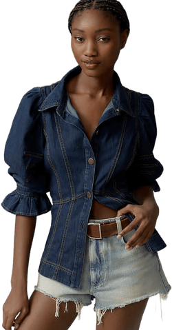 Anthropologie Puff-Sleeve Denim Buttondown Shirt