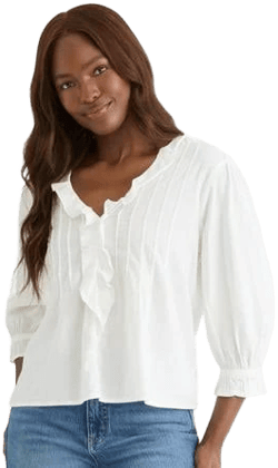 Time and Tru Women's Ruffle Neck 3/4-Length Sleeve Blouse