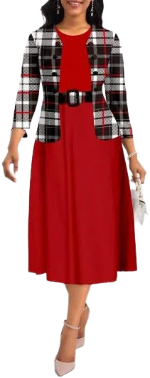Rosewe Plus Size Two Piece Plaid Belted Dress