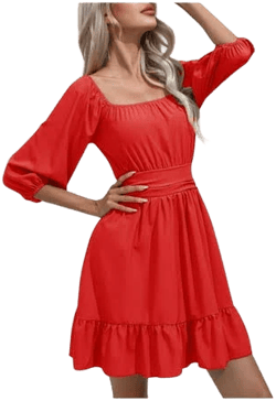 Women's Square Neck 3/4 Sleeve Flowy Pleated Mini Dress