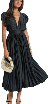 Della Midi Dress - Plunge Neck Short Sleeve Pleated Dress in Black