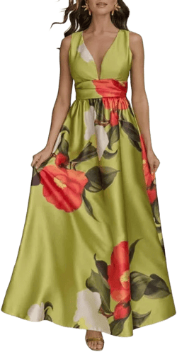 Donna Karan Women's Floral Print V-Neck A-Line Mikado Gown