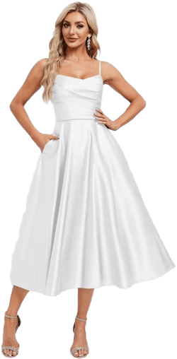 JJ's House A-Line V-Neck Tea-Length Satin Cocktail Dress