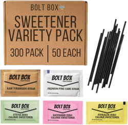 (300 total, 50 each) Bolt Box Sugar & Sweetener Packets Box - Cane Sugar Packets, Turbinado Sugar packets, Sugar Substitute Packets, Plastic Coffee Stirrers