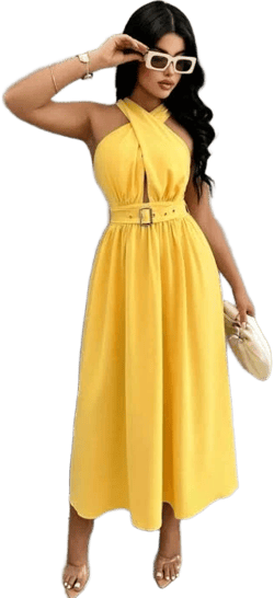 Sleeveless Long Wrap A-Line Cross Neck Dress