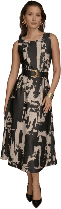 Donna Karan Women's Abstract Print Belted A-Line Midi Dress
