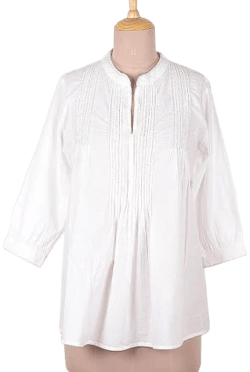Udaipur Lake in White,'White Cotton Blouse with Beadwork and Pintucks