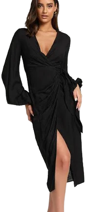 Taylor Midi Dress - Long Sleeve Wrap Dress in Black