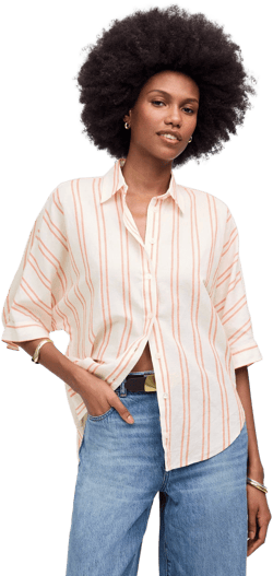 Madewell Women's Oversized Pleated-Sleeve Stripe Button-Up Shirt