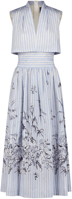 Lela Rose Printed Floral Poplin Stripe V-Neck Dress