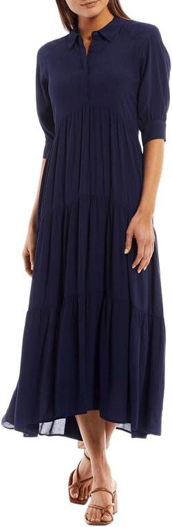 A Loves A Button Down Collar Short Balloon Cuff Sleeve Tiered Waistless Midi