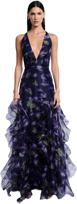 BCBGMAXAZRIA Women's Floral Print Organza Gown